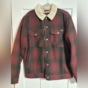 Billabong Men's Red and Black Checkered Jacket with Sherpa Collar